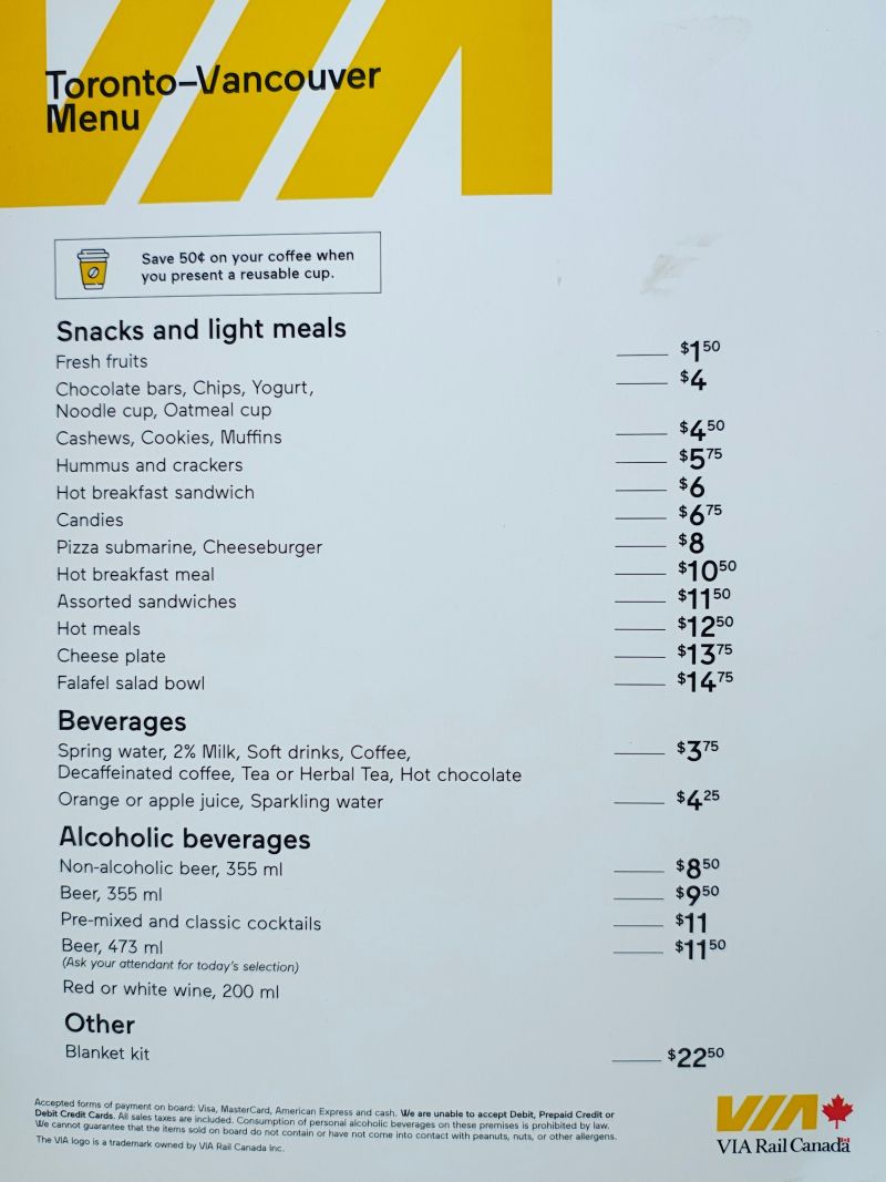 travel RTW via rail canada menu